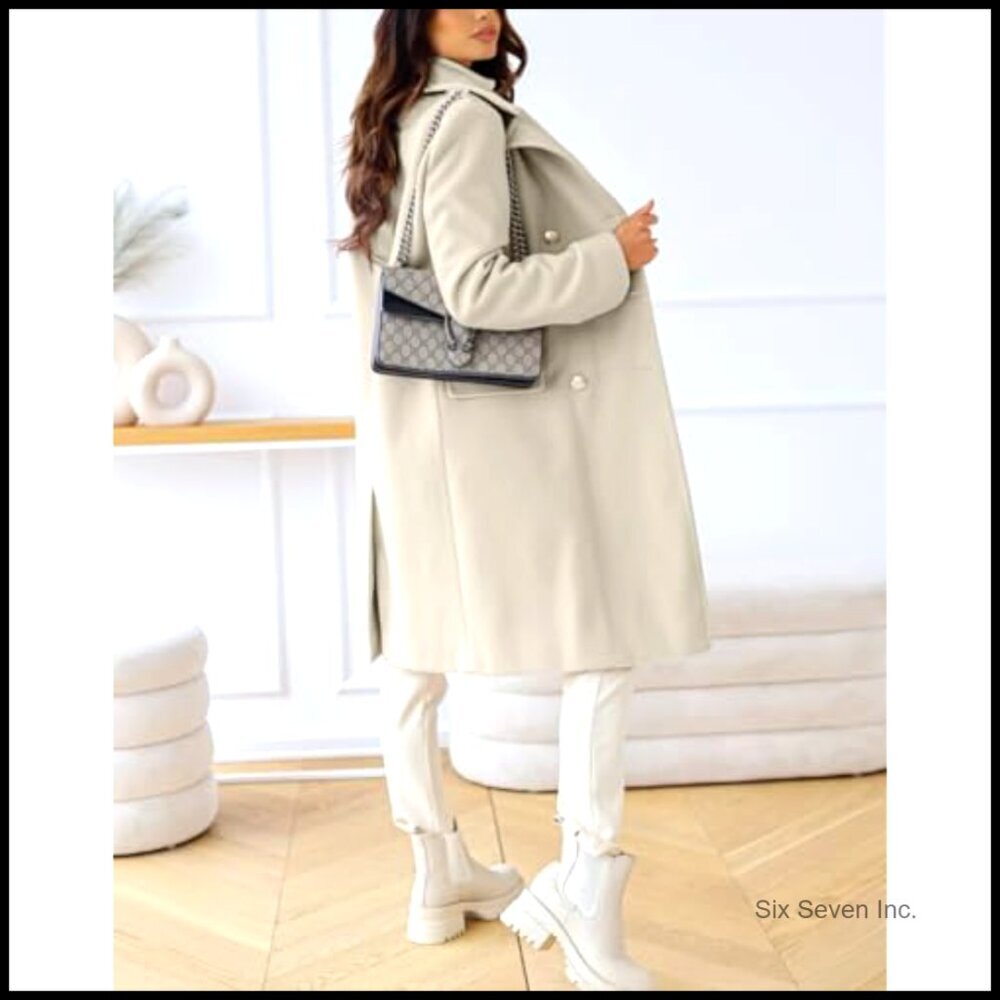 Women's Winter Wool Pea Coat Double Breasted Long Office Overcoat - Picture 5 of 5